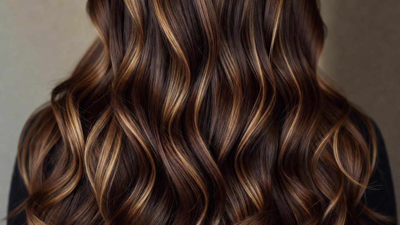 Long brunette hair with warm lighter sections distributed through the lengths