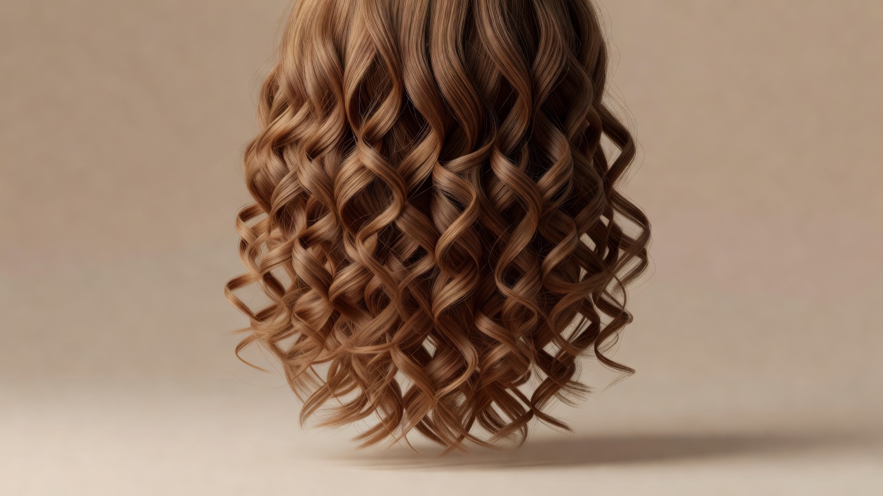Natural curls and softly layered ends against a warm neutral background